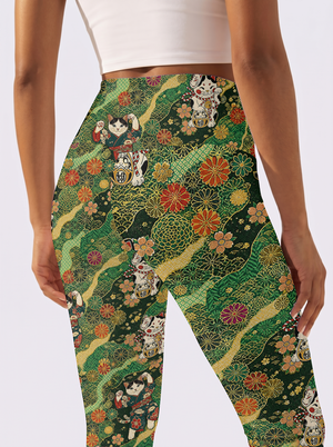 Green Base Floral Cat Workout Leggings
