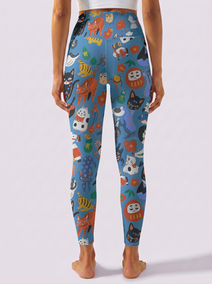 Blue Background Cute Cat Sports Leggings