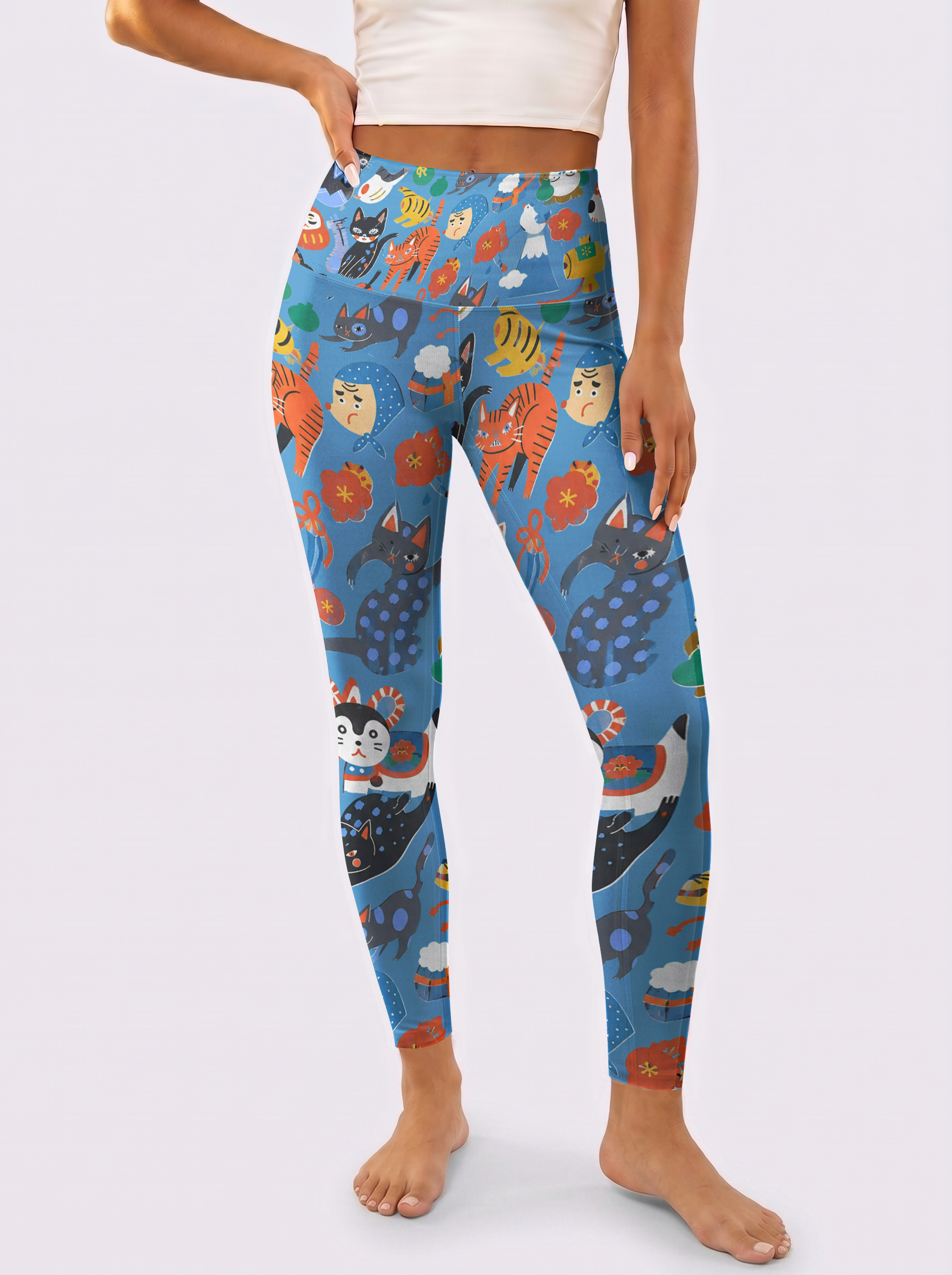 Blue Background Cute Cat Sports Leggings