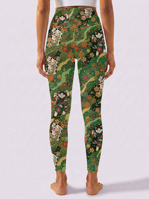 Green Base Floral Cat Workout Leggings