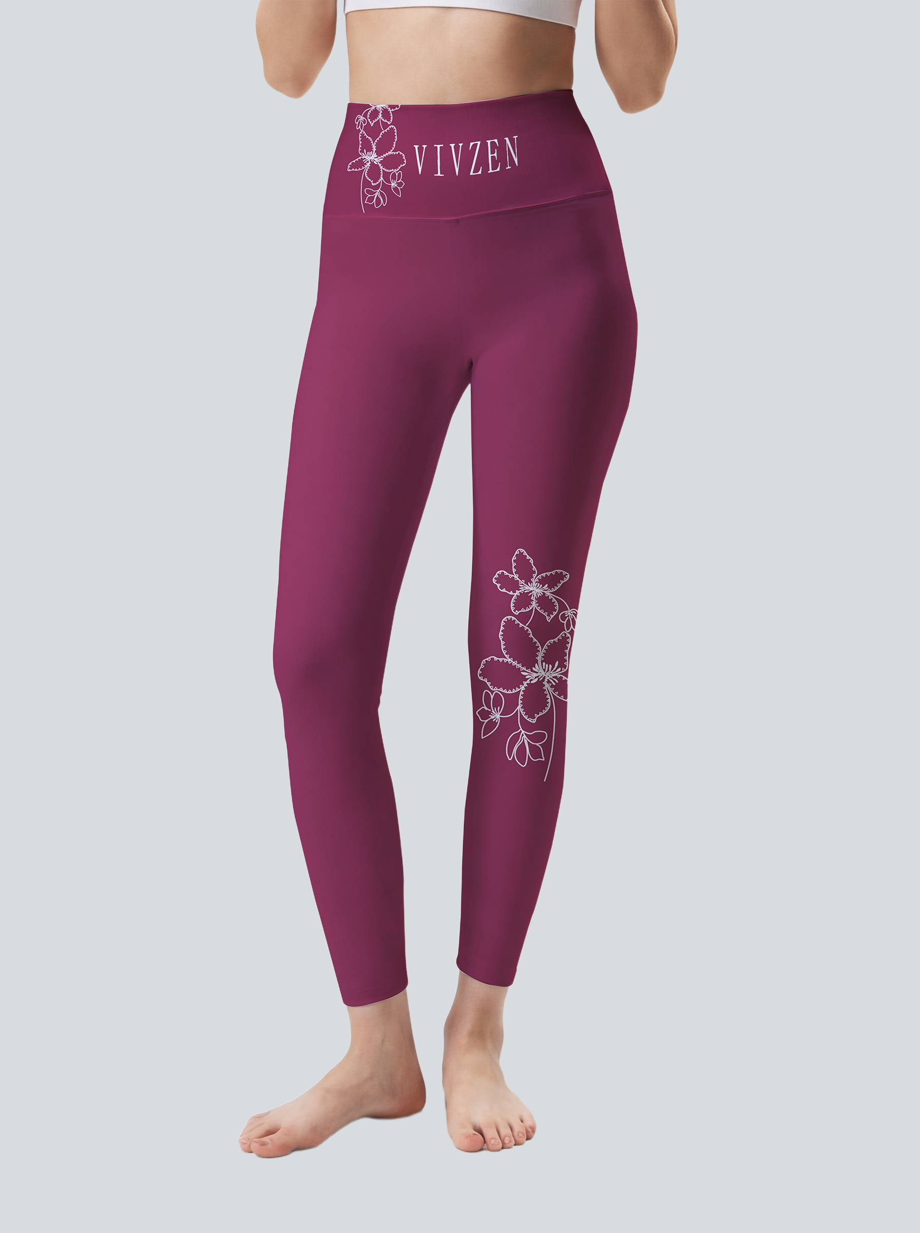 Berry Red Stitched Floral Leggings