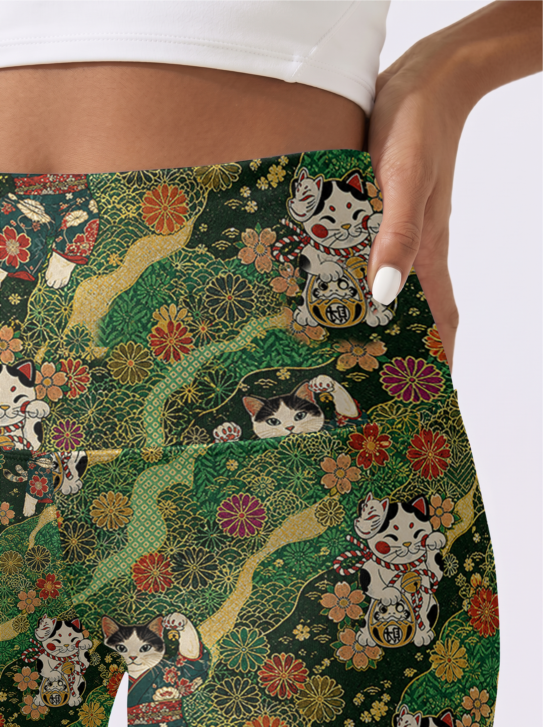 Green Base Floral Cat Workout Leggings