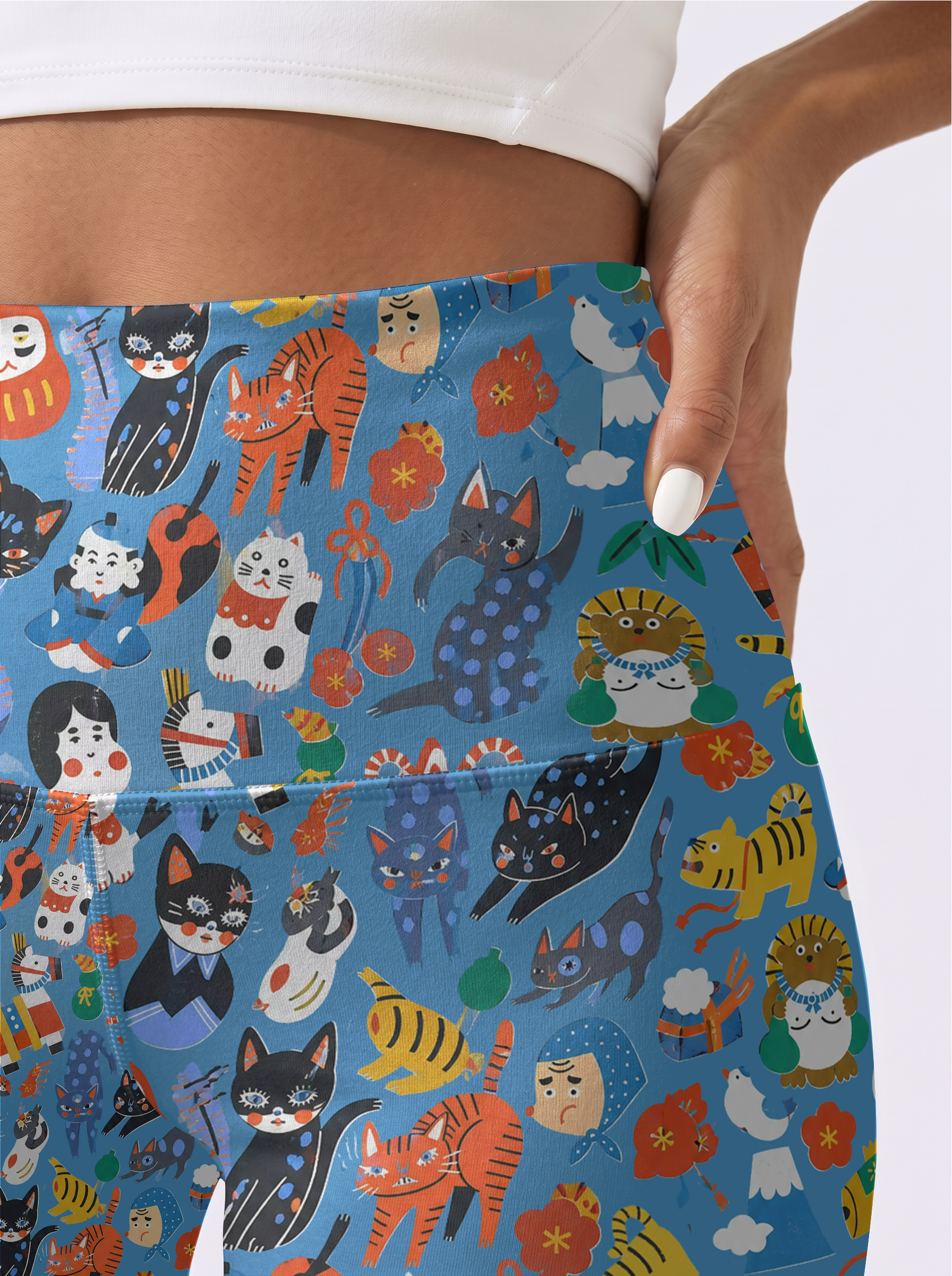 Blue Background Cute Cat Sports Leggings