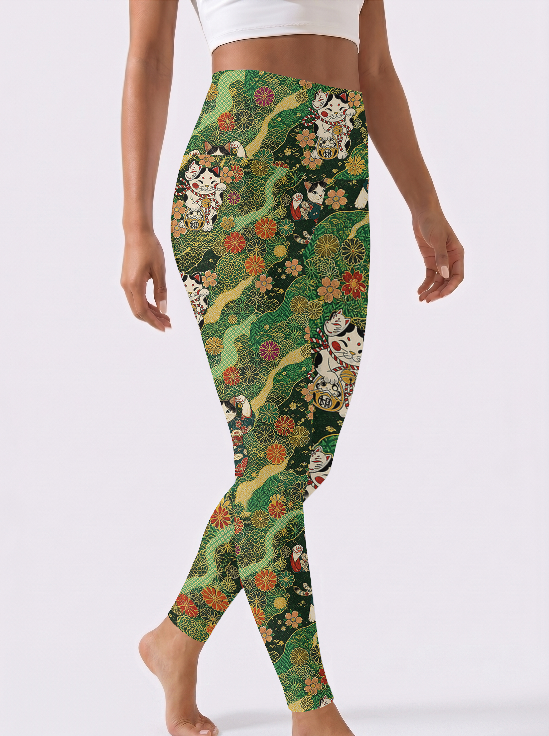Green Base Floral Cat Workout Leggings