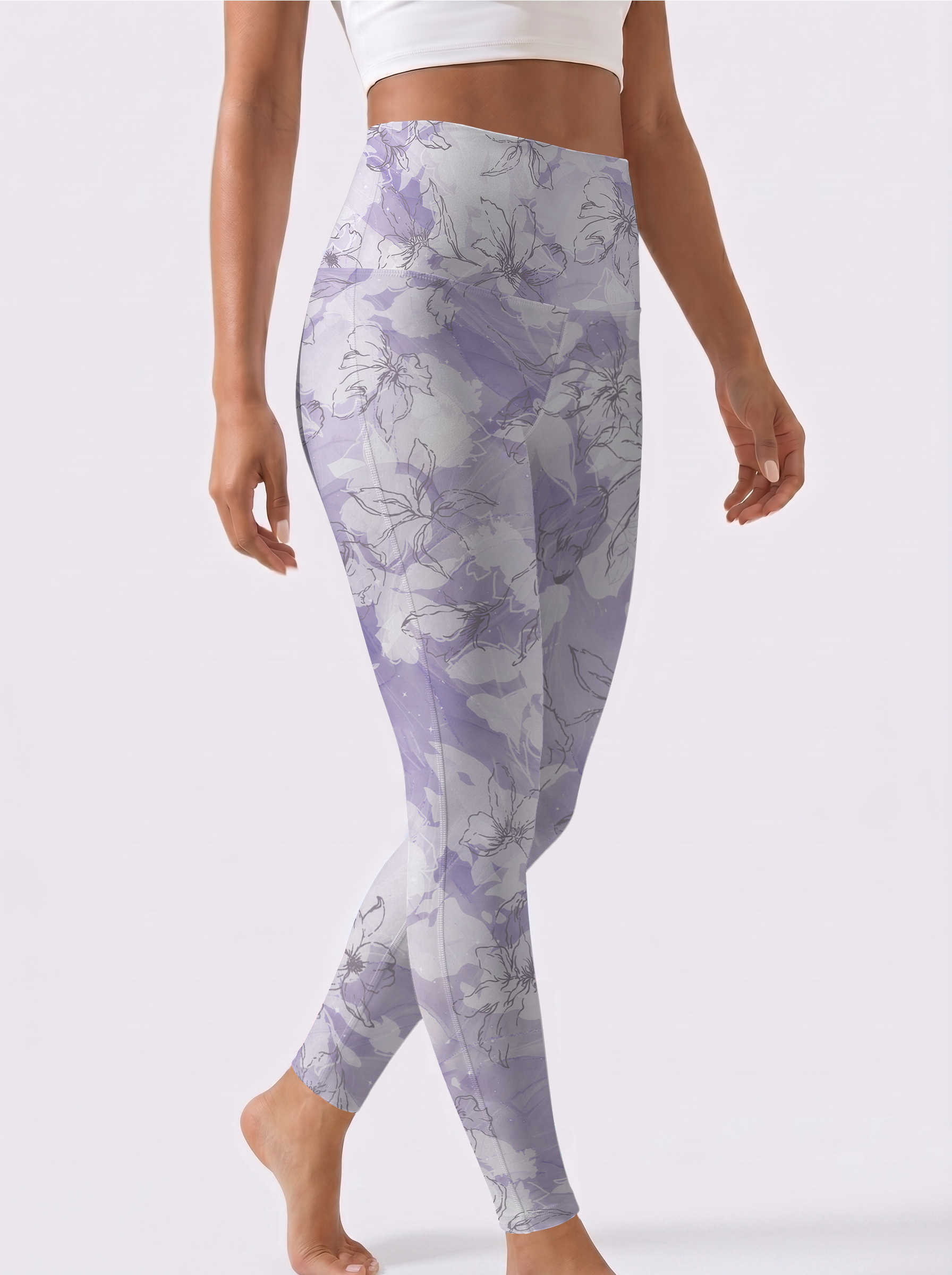 Light Purple Line Art Floral Leggings