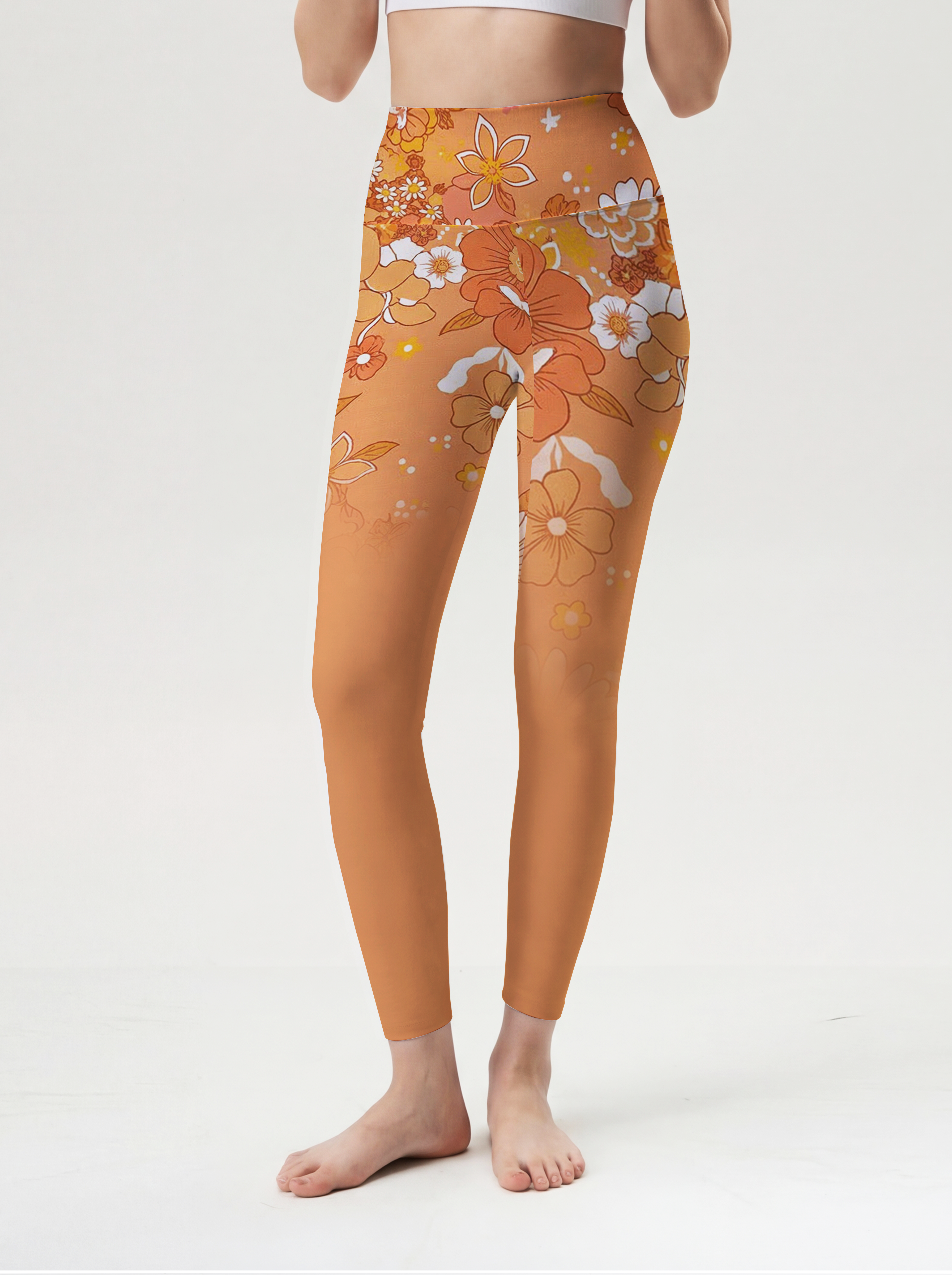 Warm Amber Fall Floral Gradient High-Waist Yoga Leggings