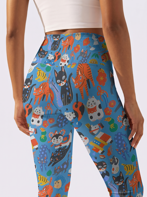 Blue Background Cute Cat Sports Leggings