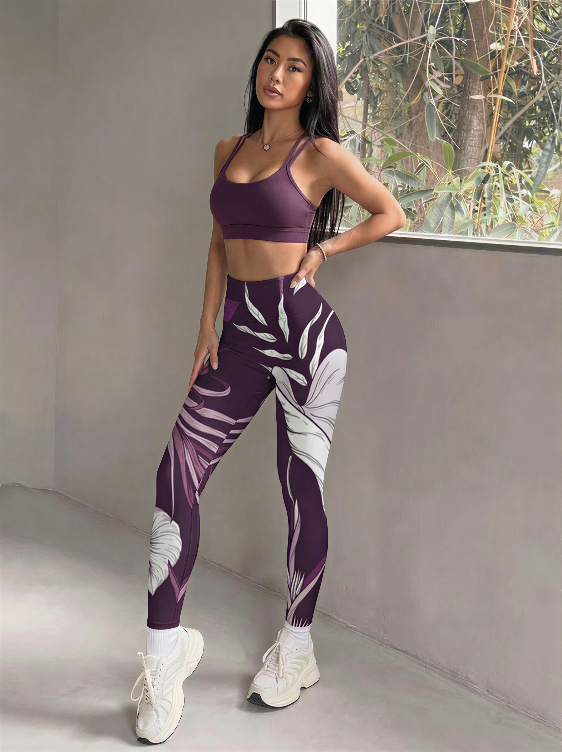 Plum White Floral Leggings