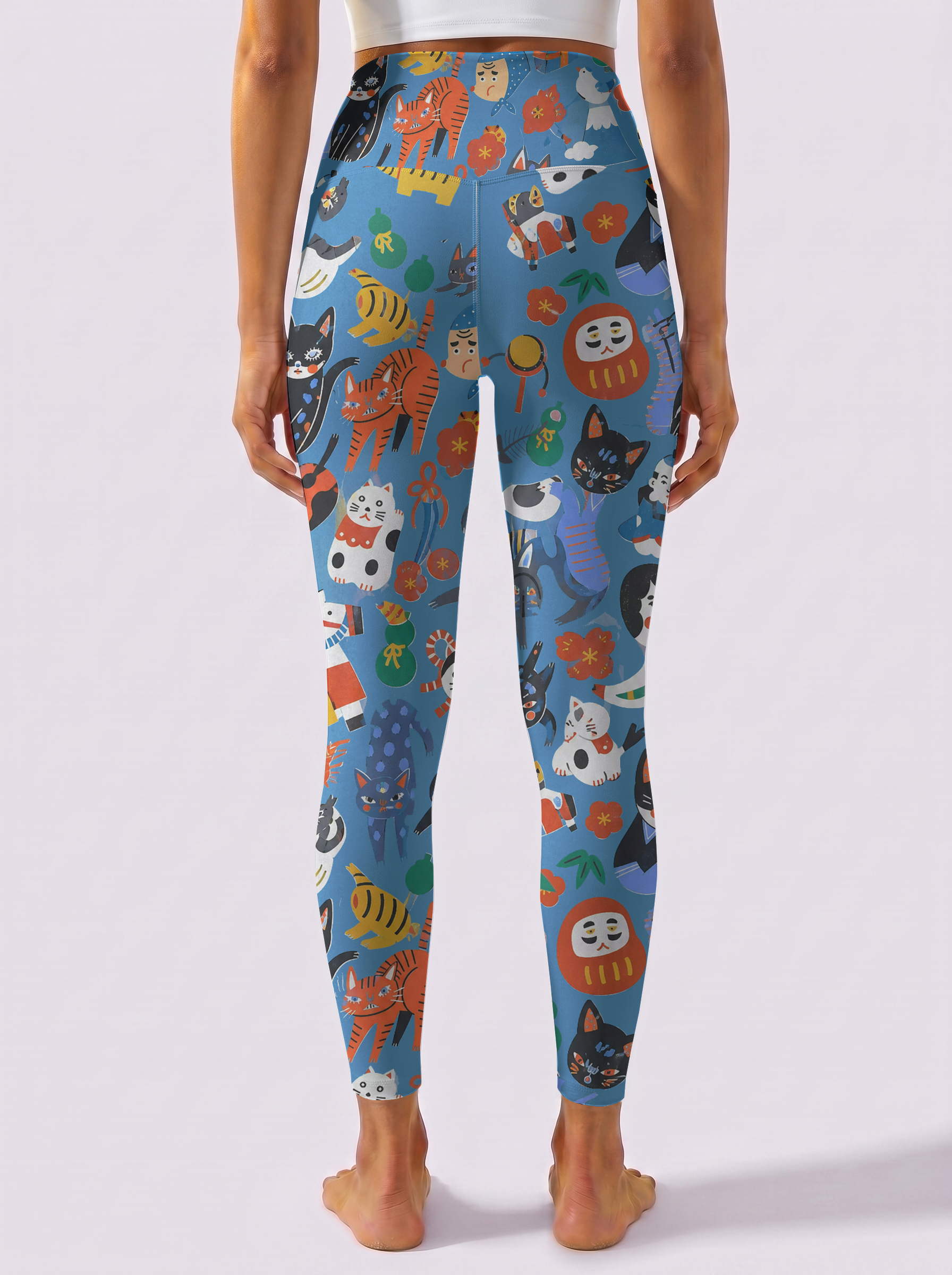 Blue Background Cute Cat Sports Leggings