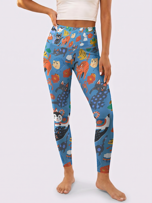 Blue Background Cute Cat Sports Leggings
