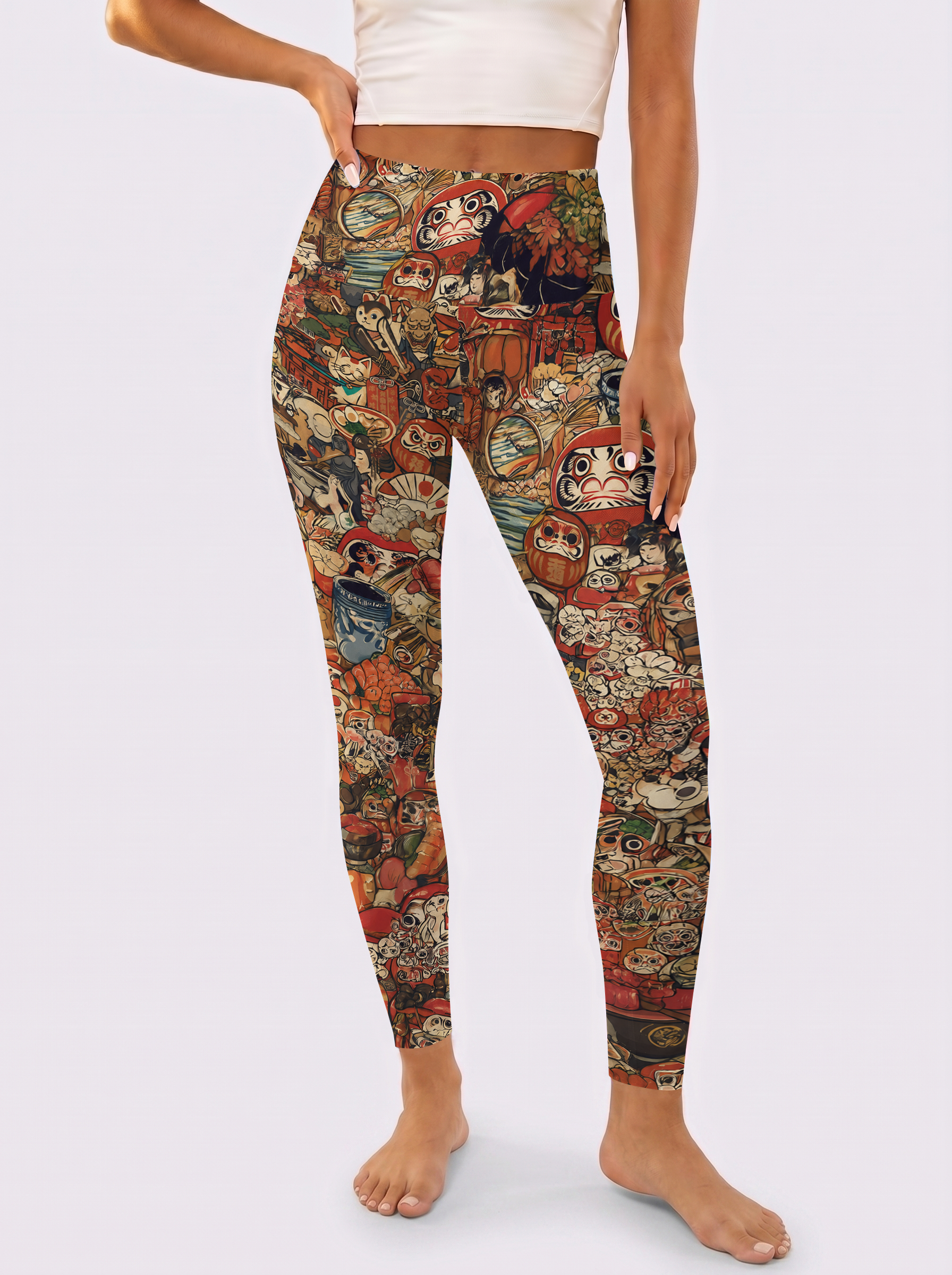 Warm Brown Daruma Dolls And Cat Art Workout Leggings