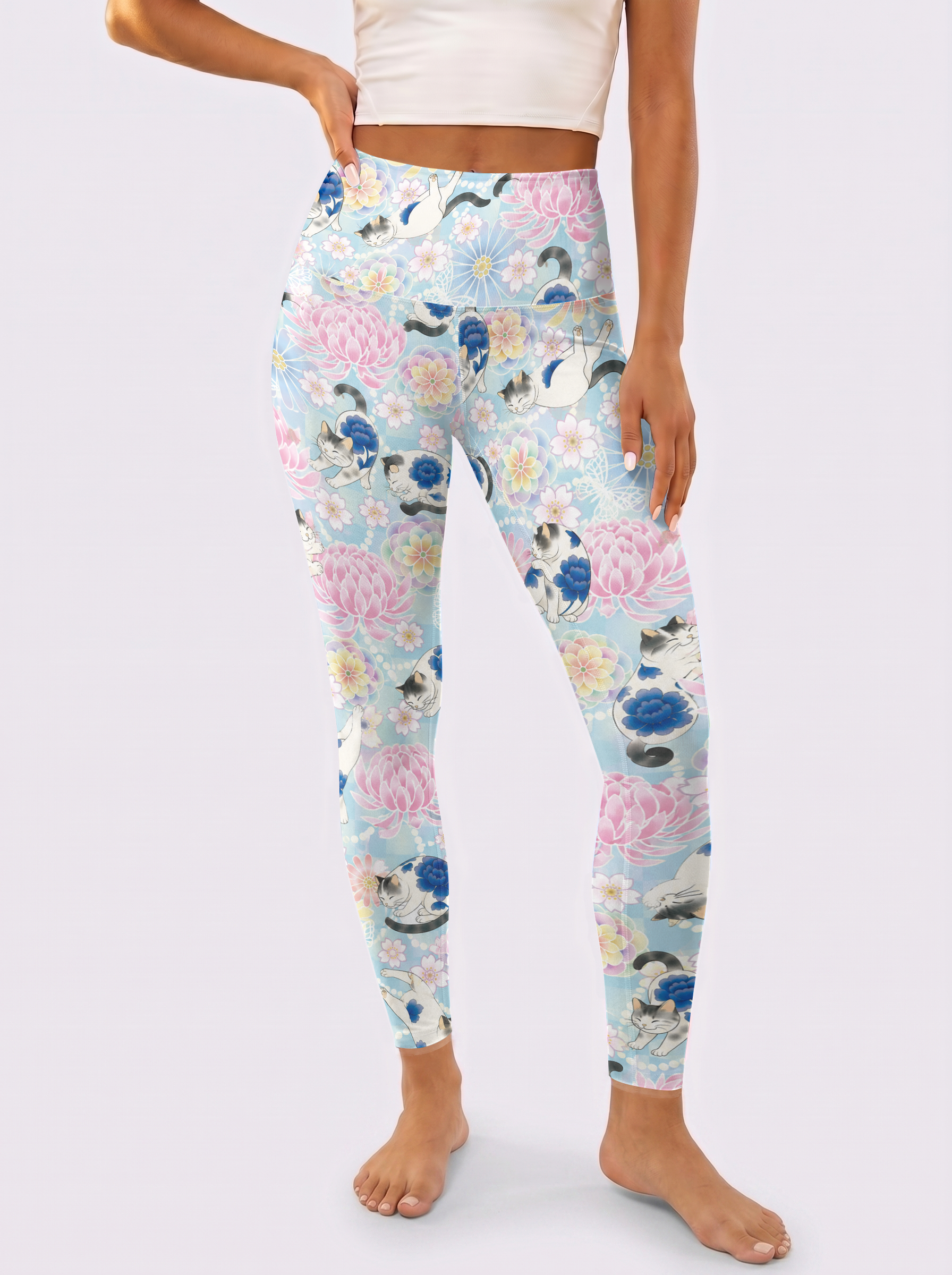 Light Blue Sakura Cat Workout Leggings