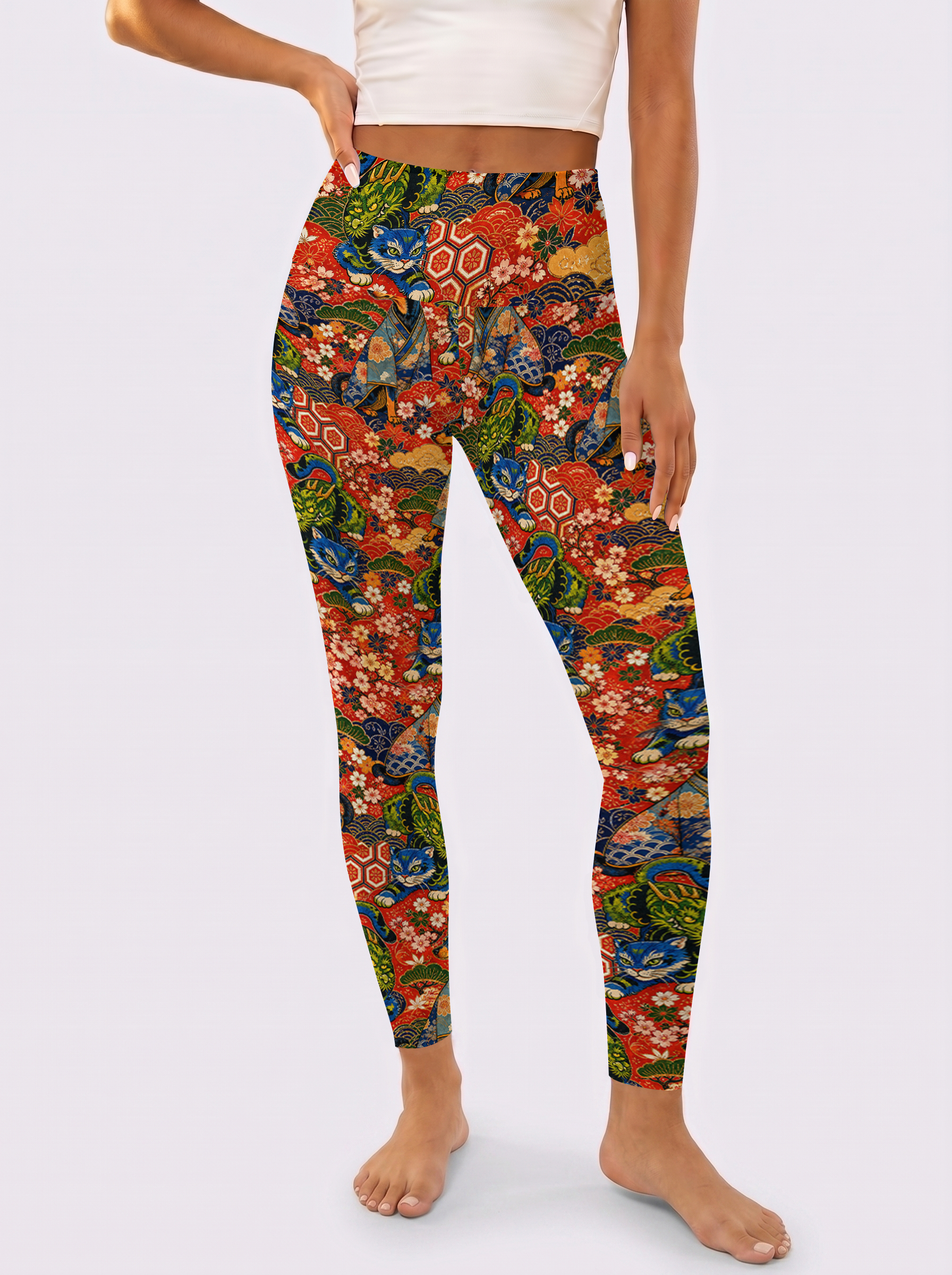 Black Base Samurai Cat Workout Leggings