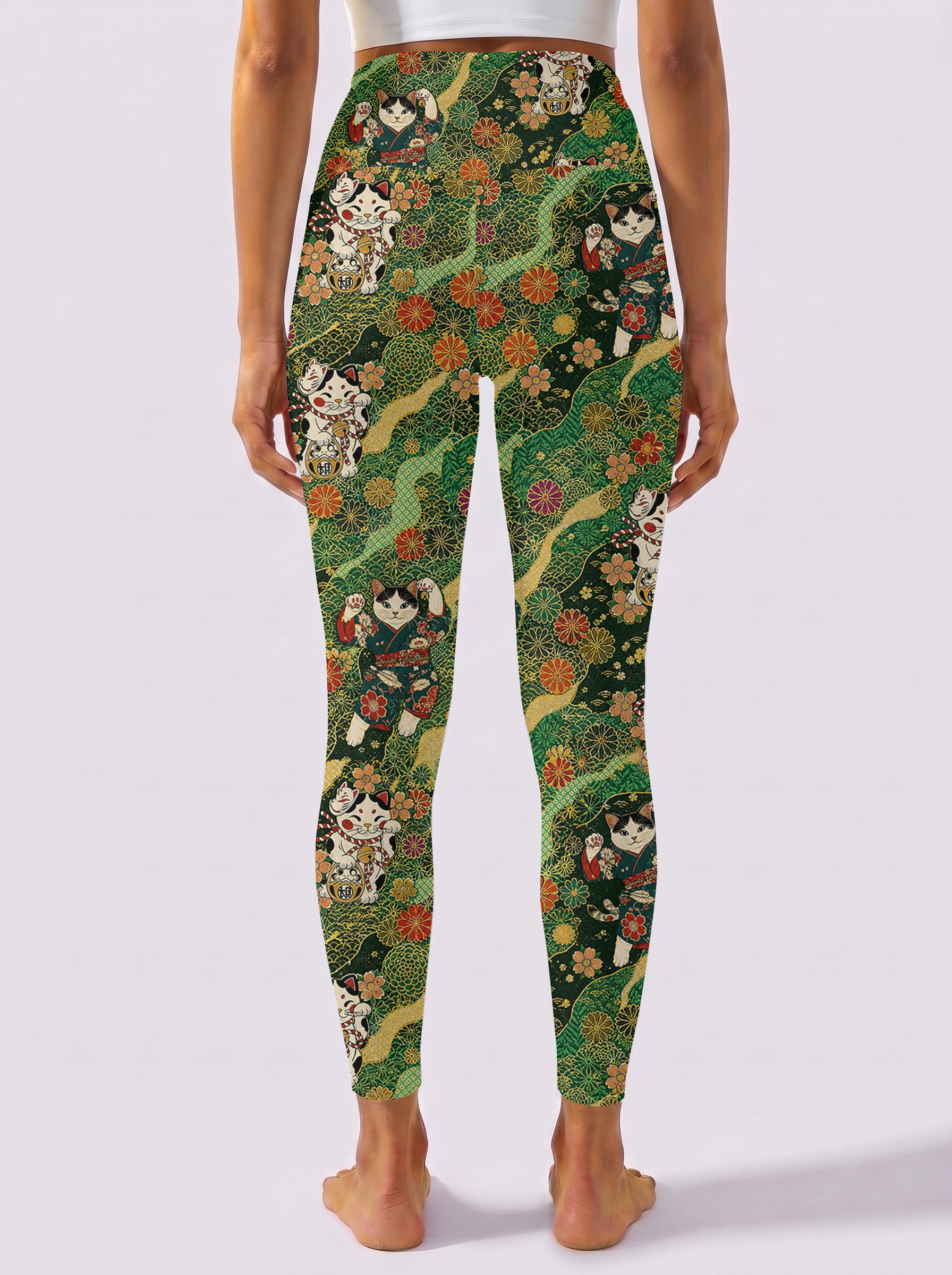 Green Base Floral Cat Workout Leggings