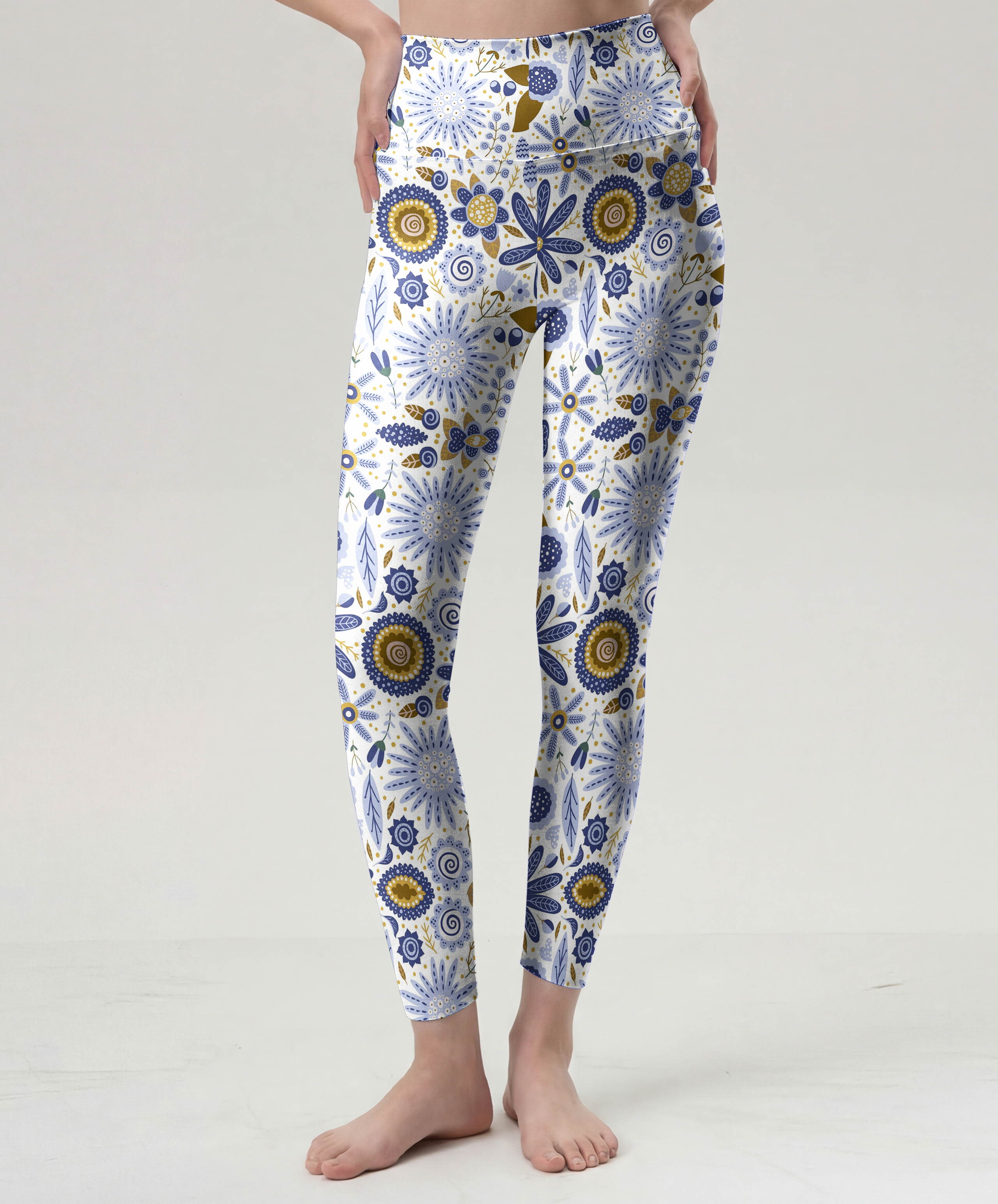 Blue Gold Floral High-Waist Yoga Leggings