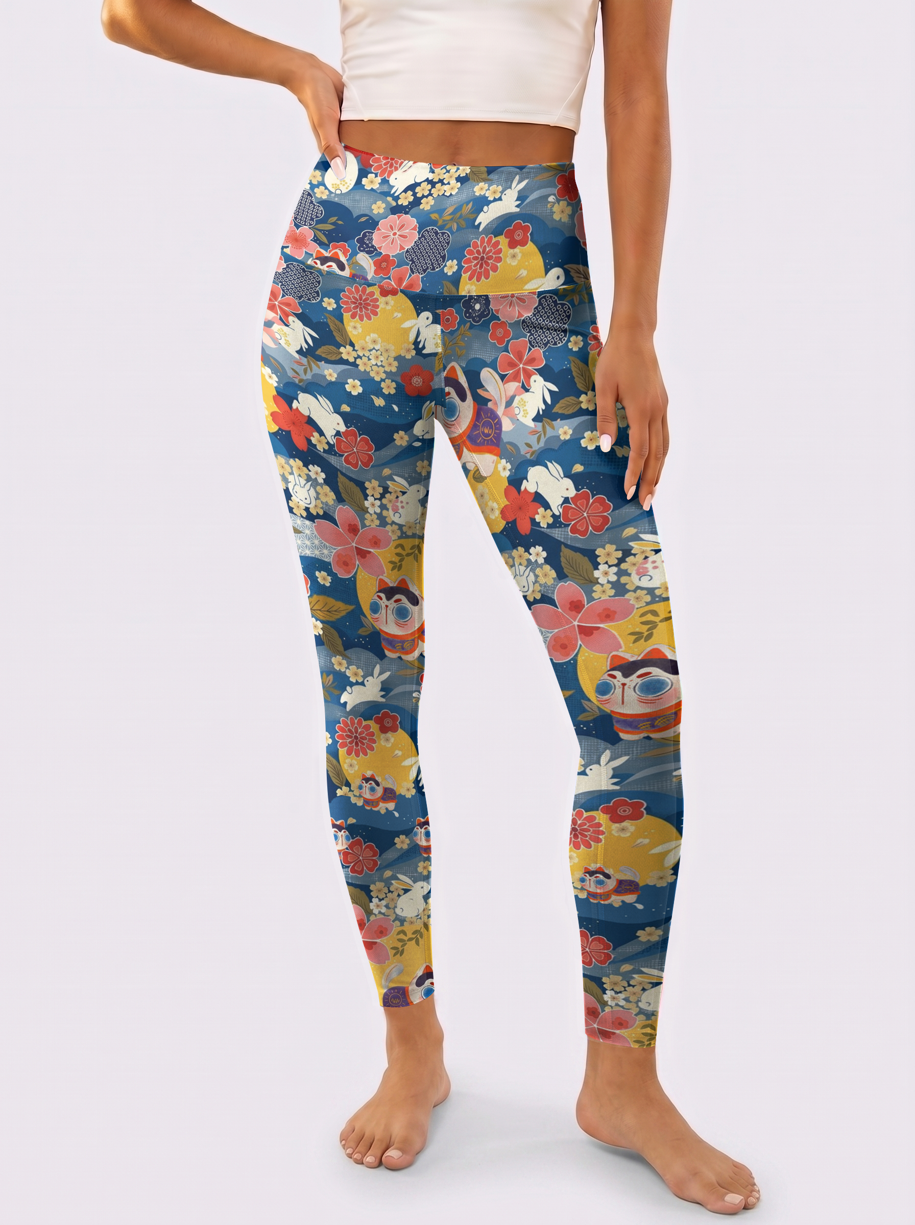 Navy Blue Sakura And Cat Hight-Waist Leggings