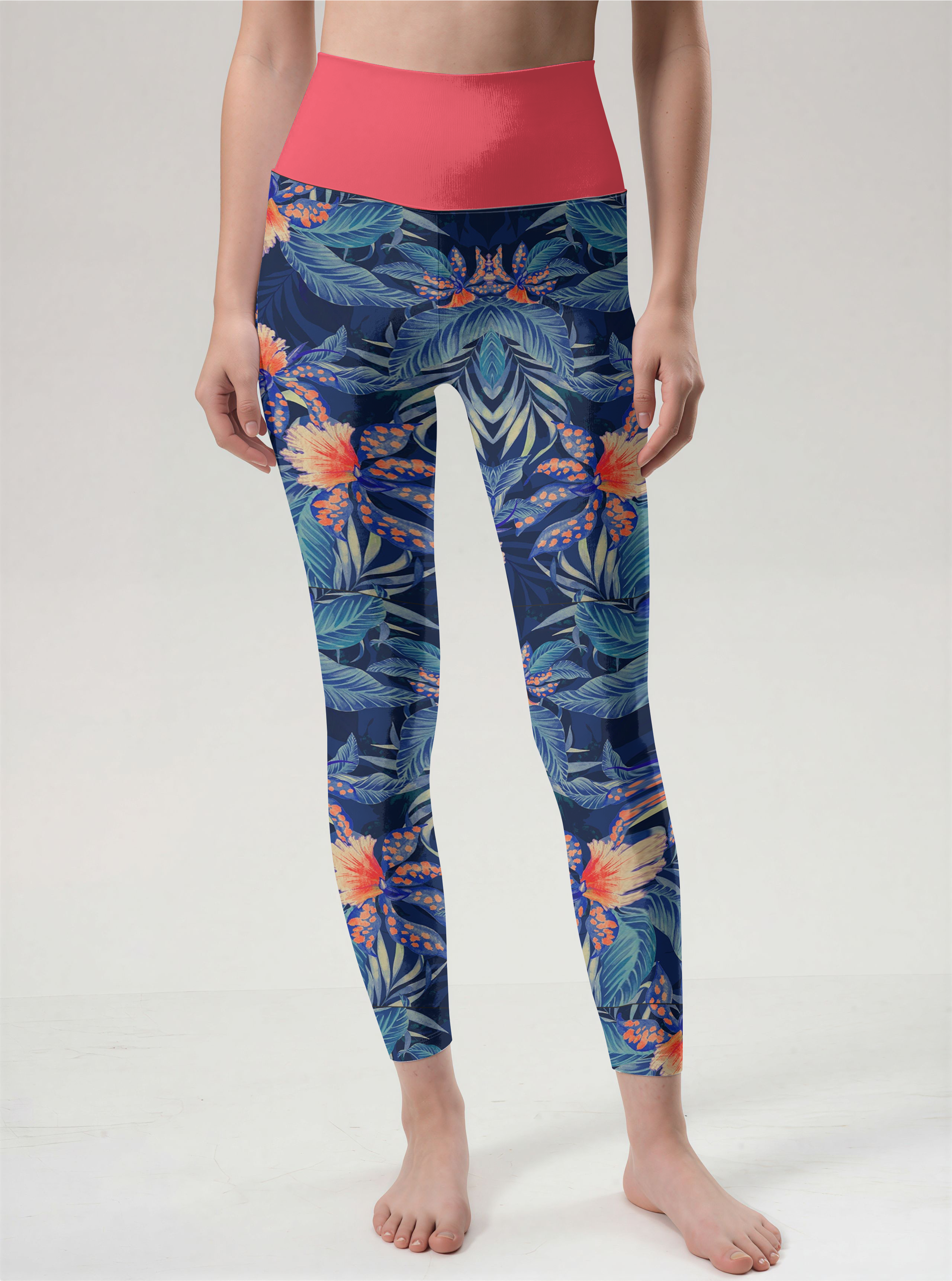 Coral Orange Floral Performance Tights