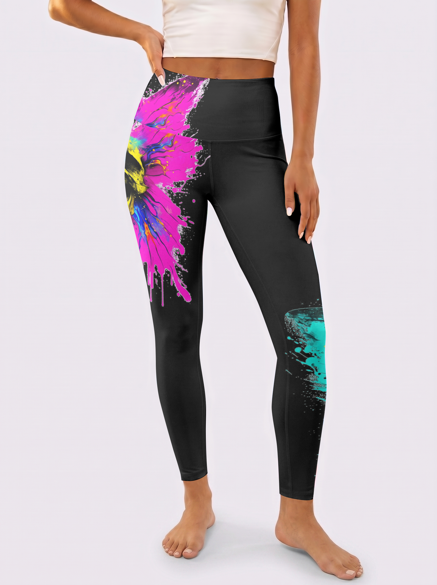 Black Multicolor Splatter Print Workout Leggings