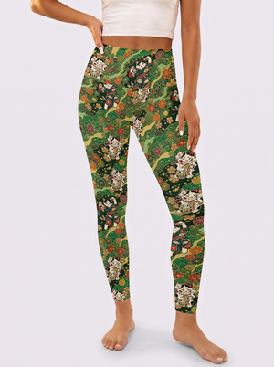 Green Base Floral Cat Workout Leggings