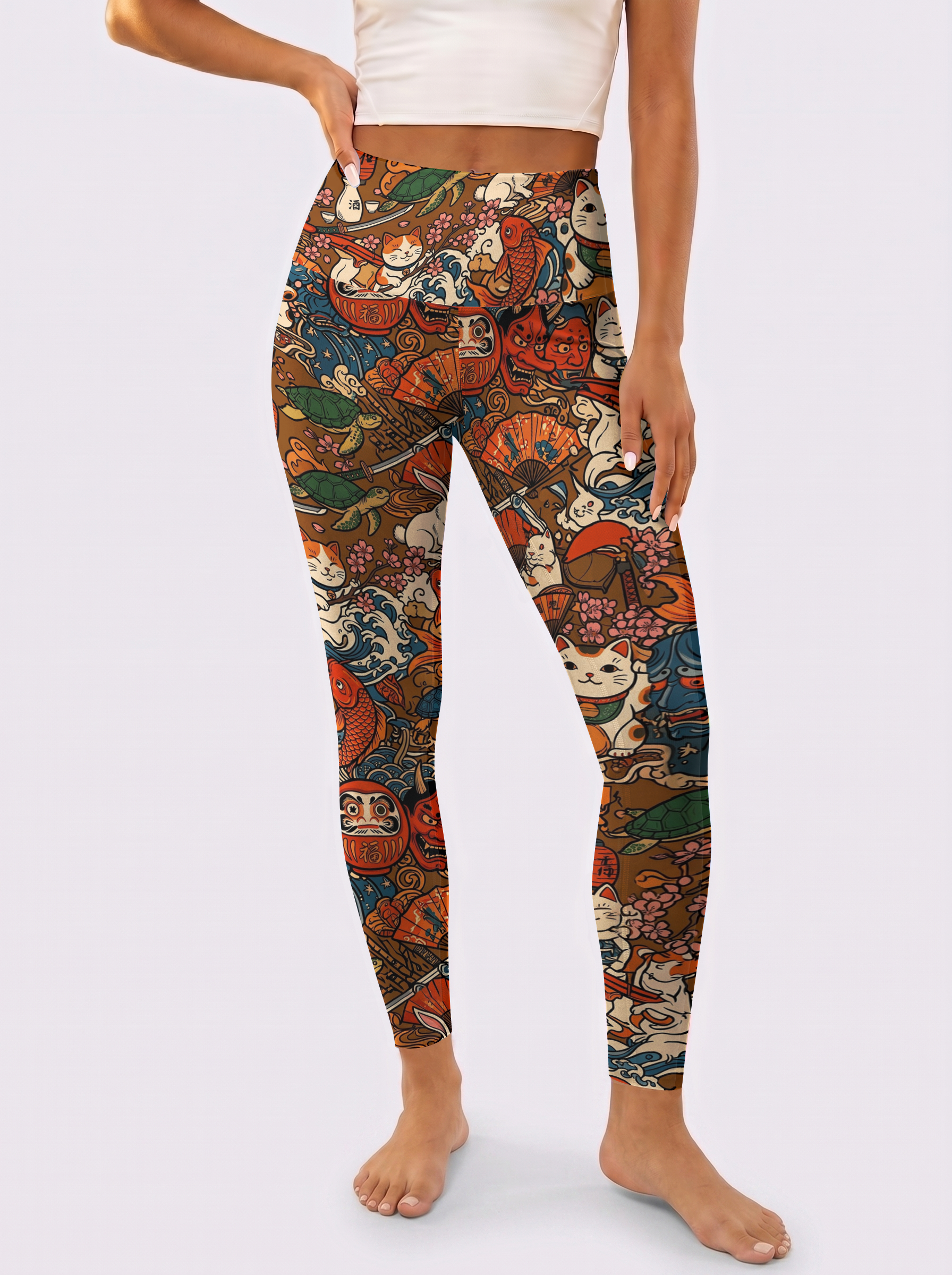 Traditional Ukiyo-e Fortune Cat High-Waist Leggings