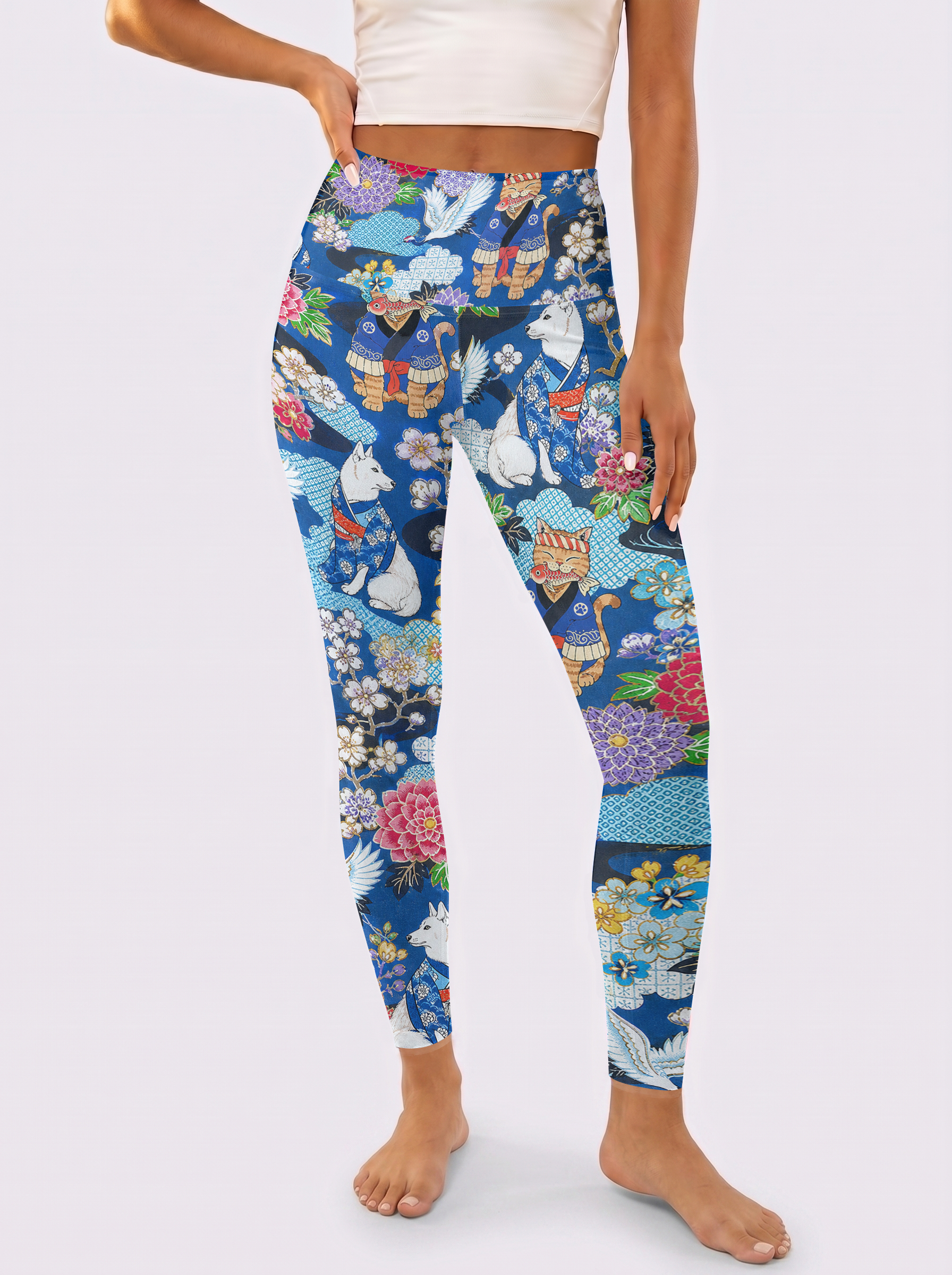 Navy Ukiyo-e Cat And Dog Workout Leggings
