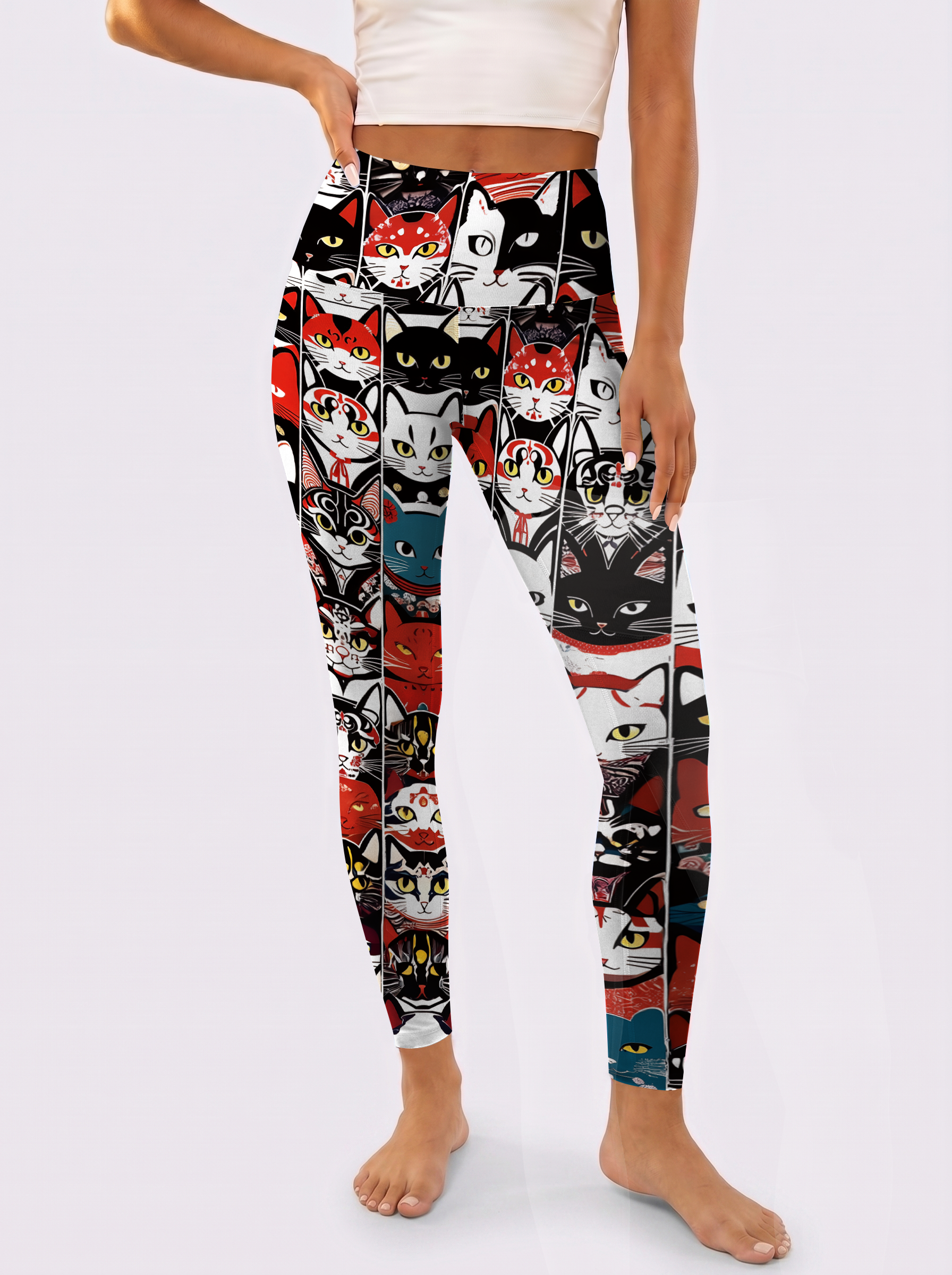 Red Black White Cat Art Hight-Waist Leggings