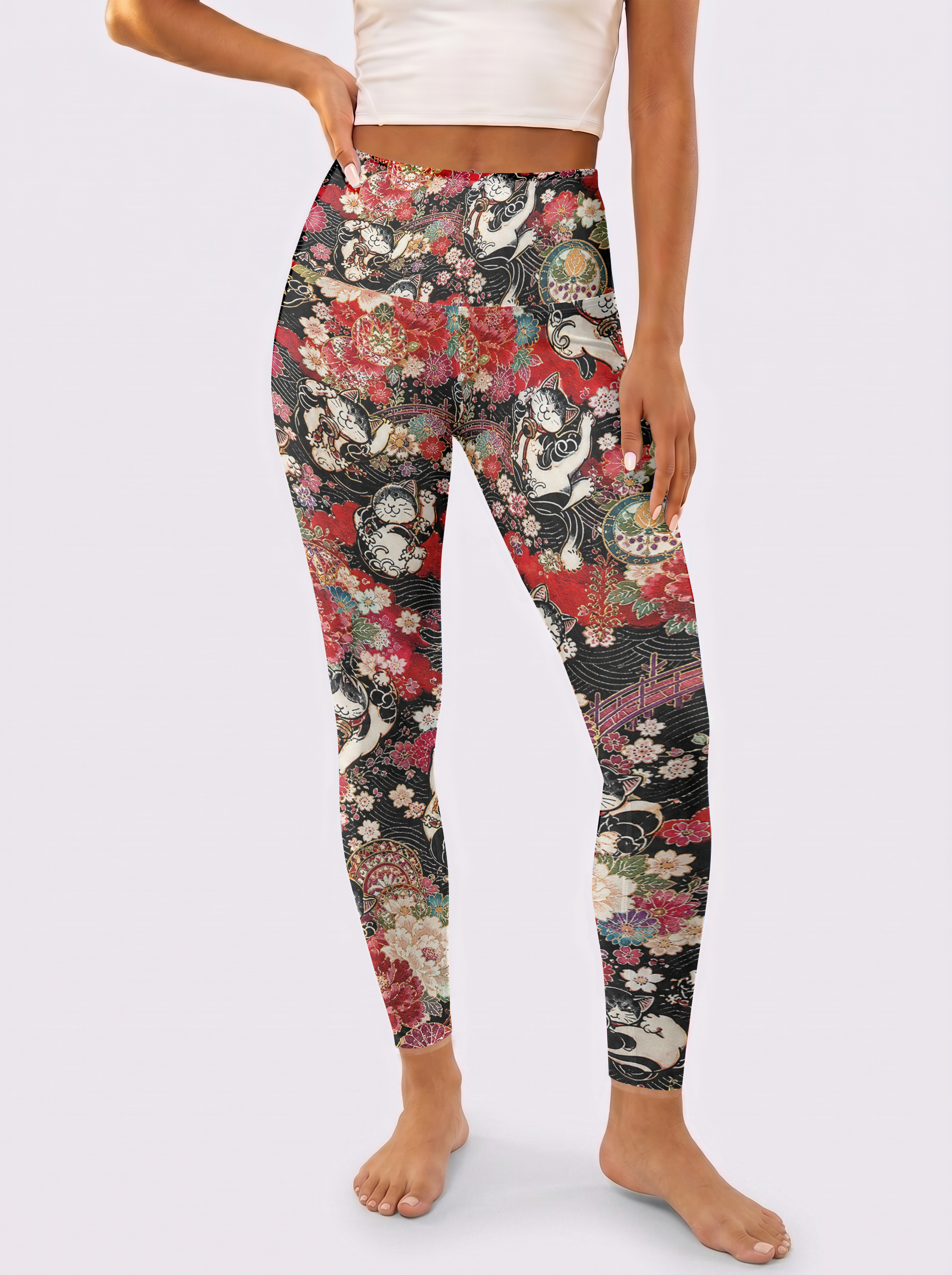 Black Base Floral Cat Workout Leggings