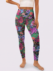 Black Background Peony Cat Print Sports Leggings