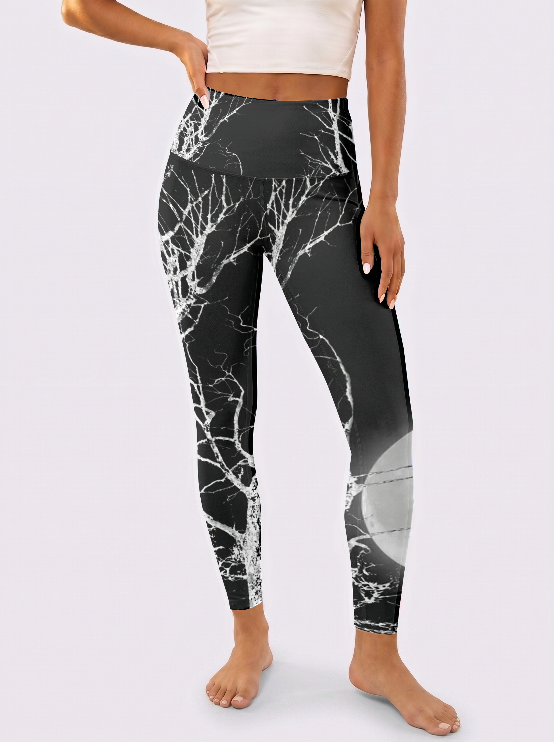 Black White Night Tree Print Workout Leggings