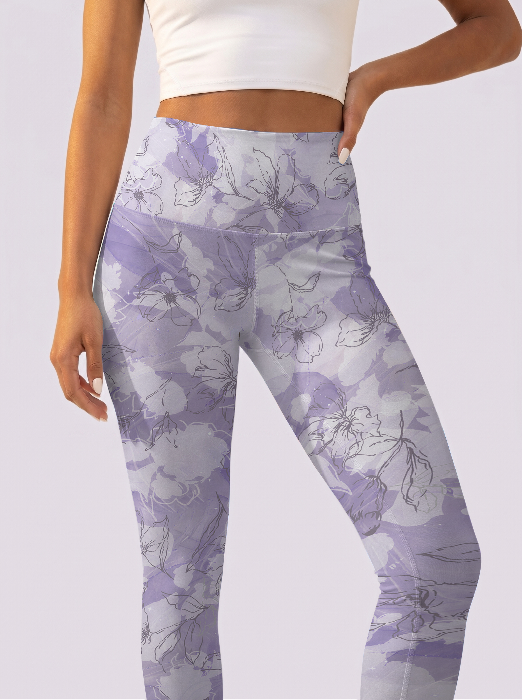 Light Purple Line Art Floral Leggings