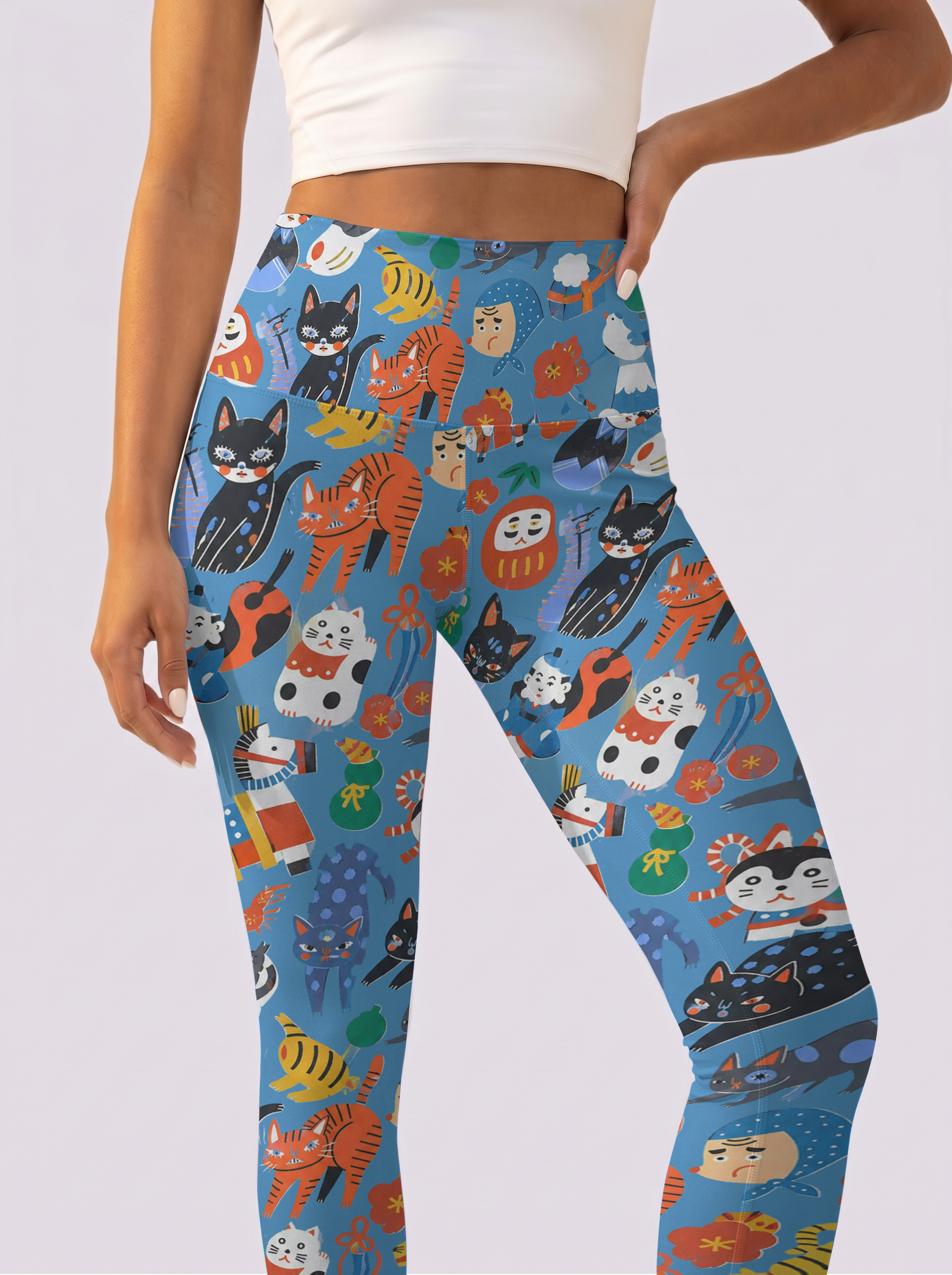 Blue Background Cute Cat Sports Leggings