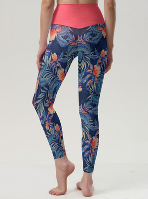Coral Orange Floral Performance Tights