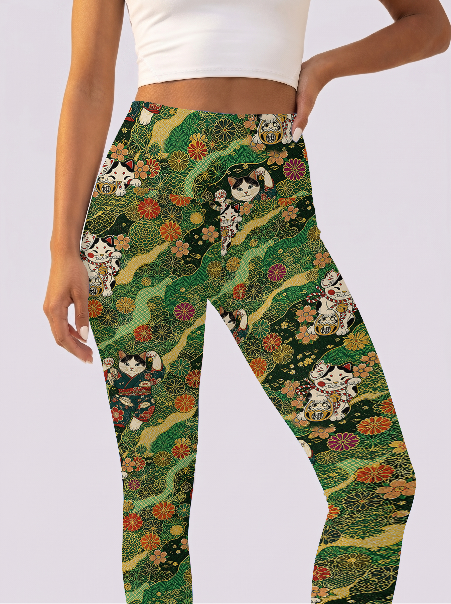 Green Base Floral Cat Workout Leggings