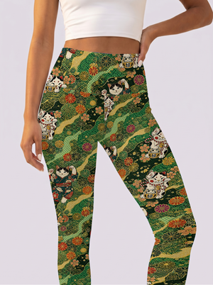 Green Base Floral Cat Workout Leggings