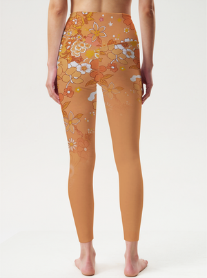 Warm Amber Fall Floral Gradient High-Waist Yoga Leggings