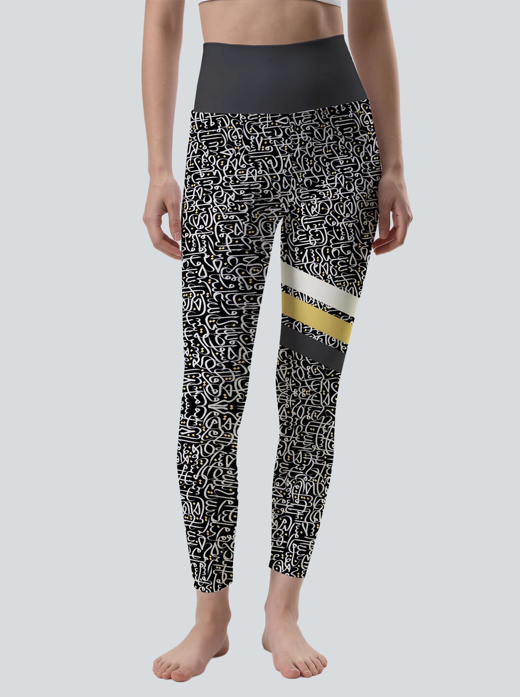 Black Gold Script Stripe Leggings