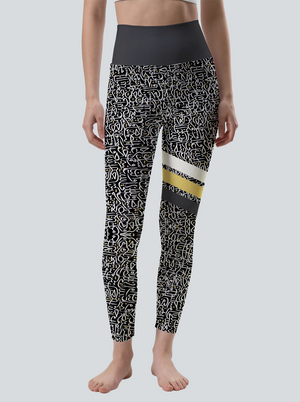 Black Gold Script Stripe Leggings
