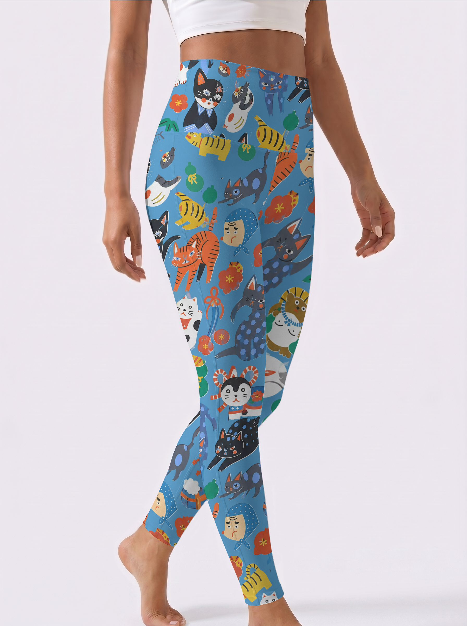Blue Background Cute Cat Sports Leggings