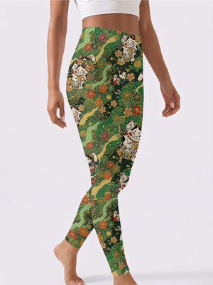 Green Base Floral Cat Workout Leggings