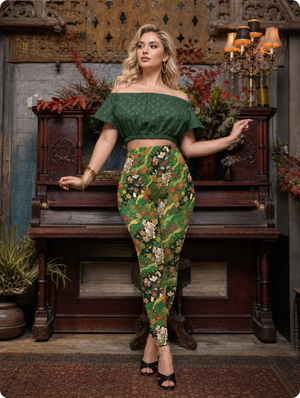 Green Base Floral Cat Workout Leggings