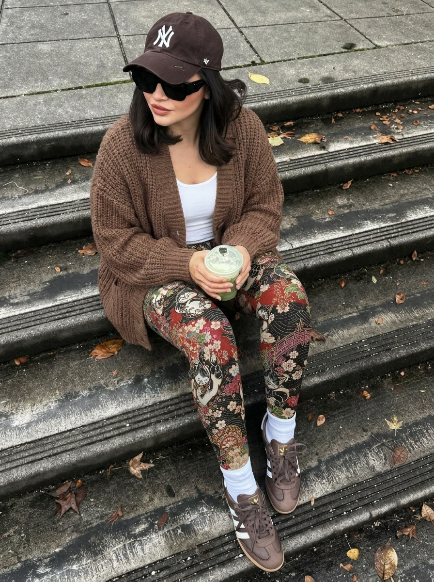 Black Base Floral Cat Workout Leggings
