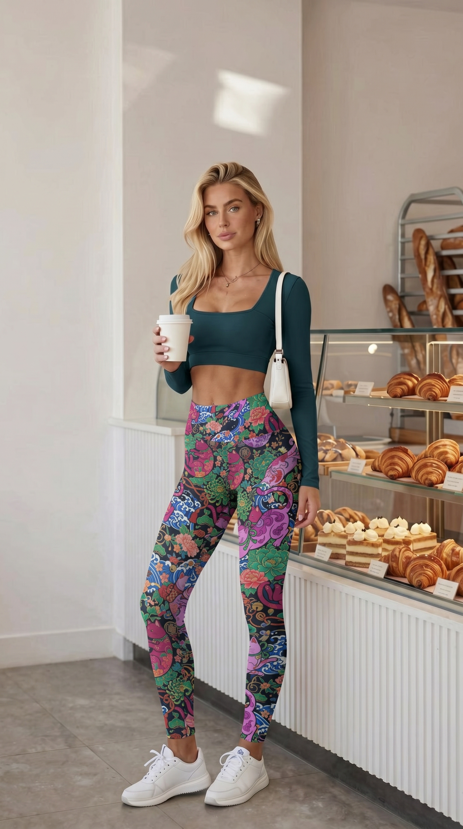 Black Background Peony Cat Print Sports Leggings