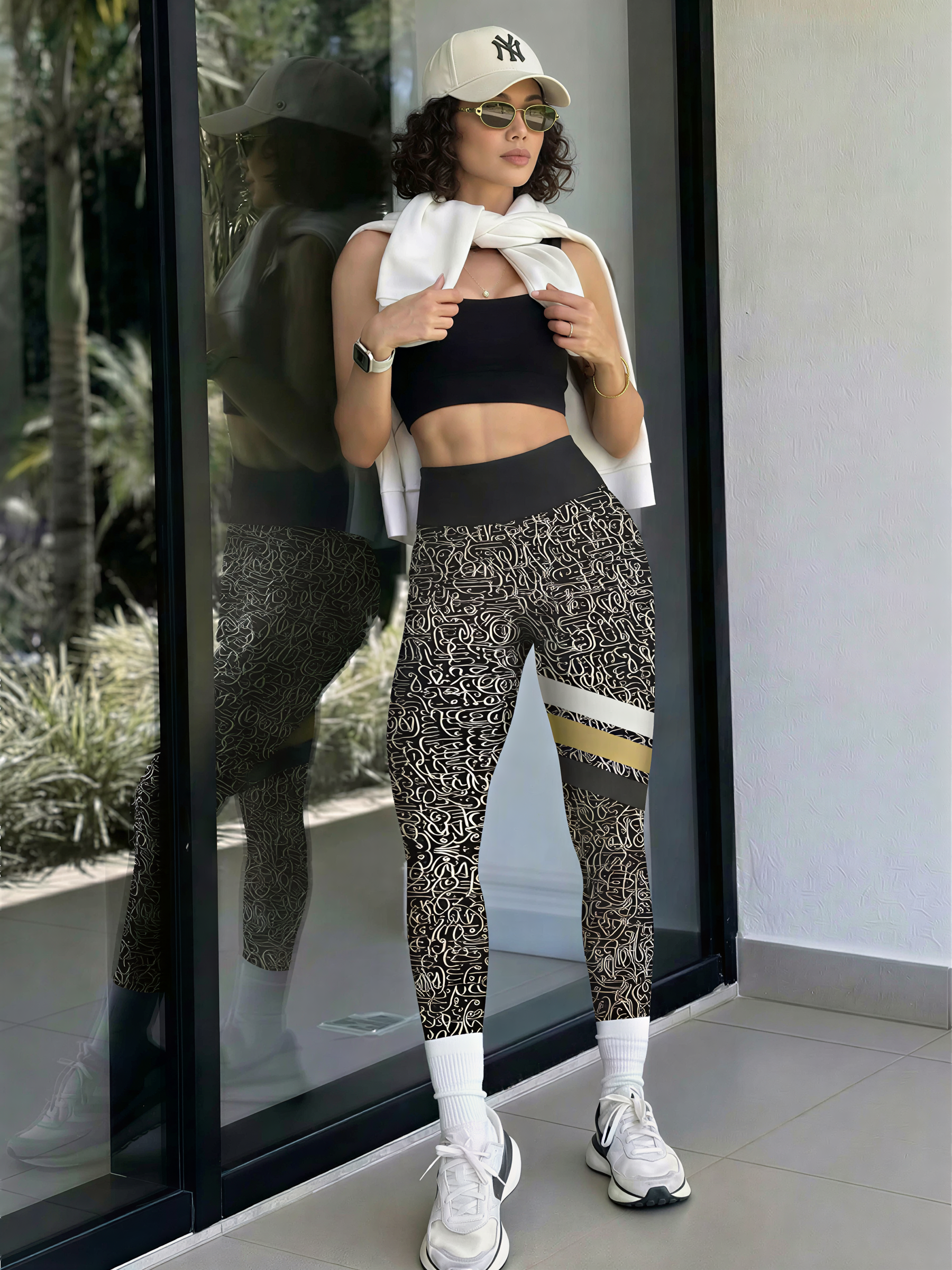 Black Gold Script Stripe Leggings